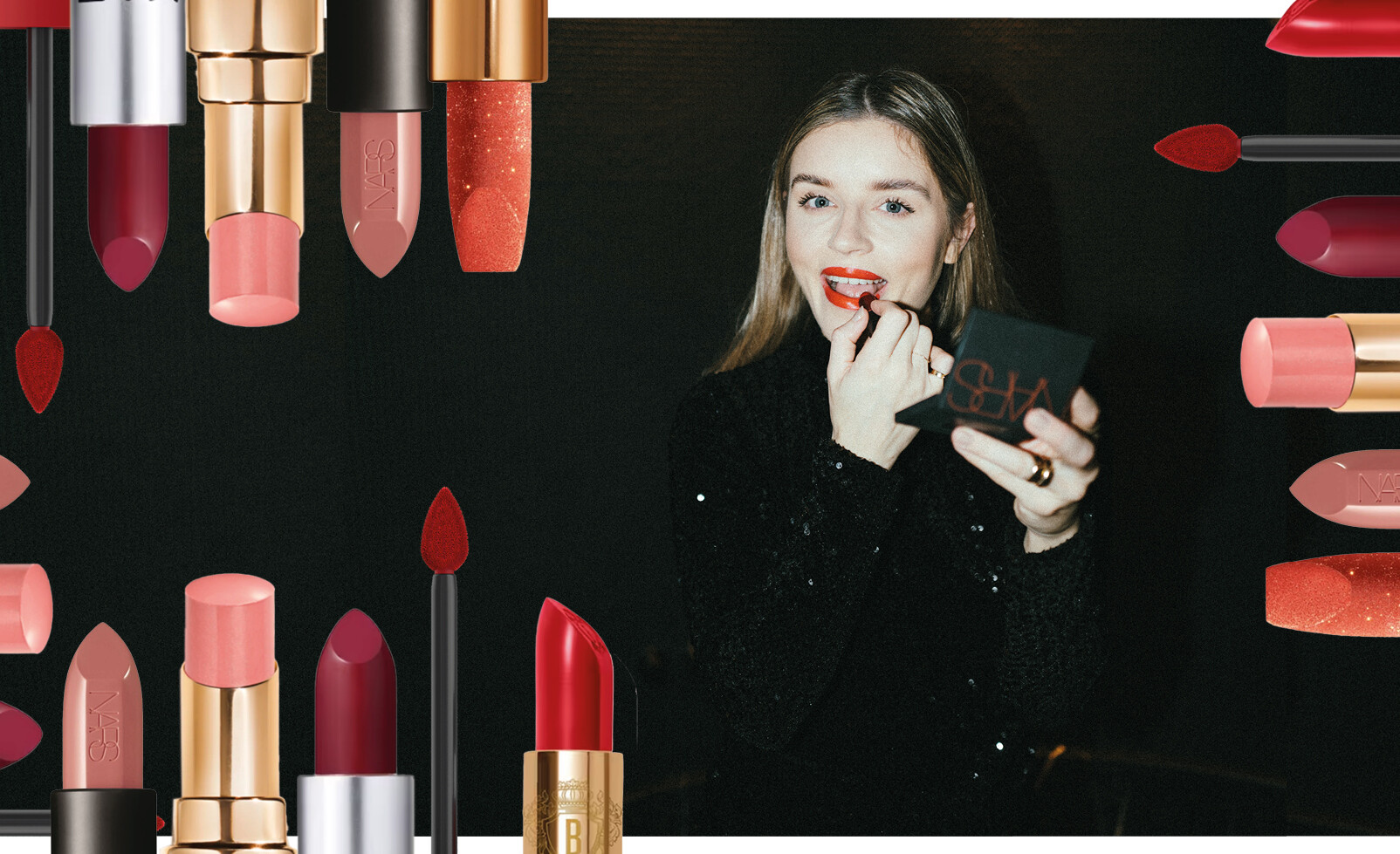 Lotte met rode lippenstift en items beauty shopping