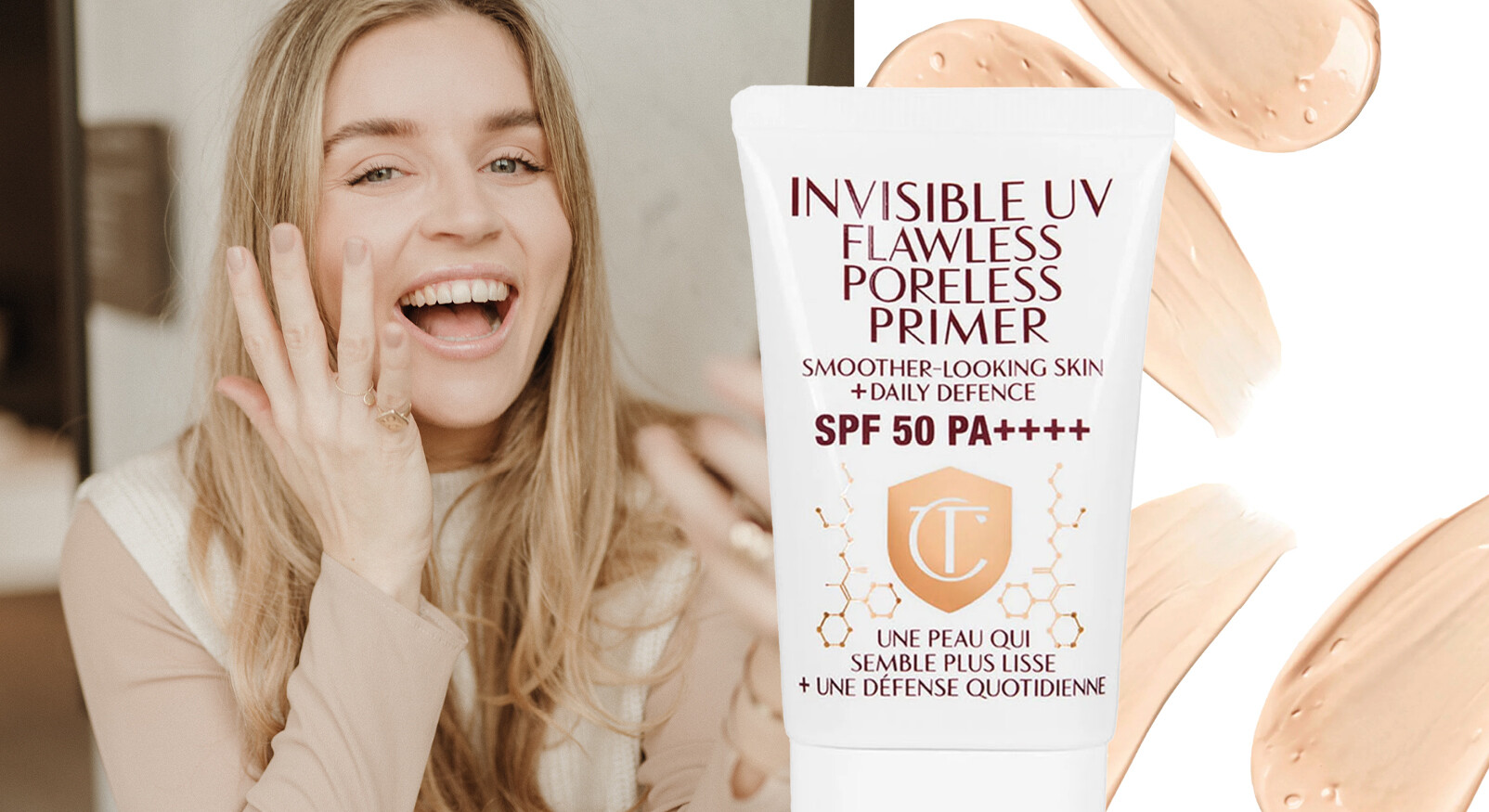 Invisible UV Flawless Poreless SPF50 Primer Charlotte Tilbury lachend Lotte van Scherpenzeel