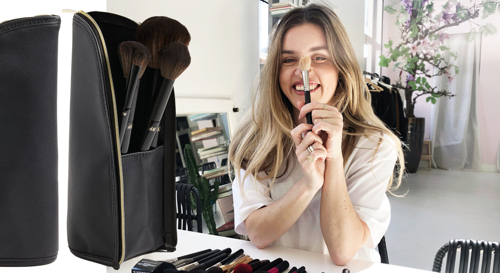 Lotte lachend met make-up kwasten in handen H&M make-up tas
