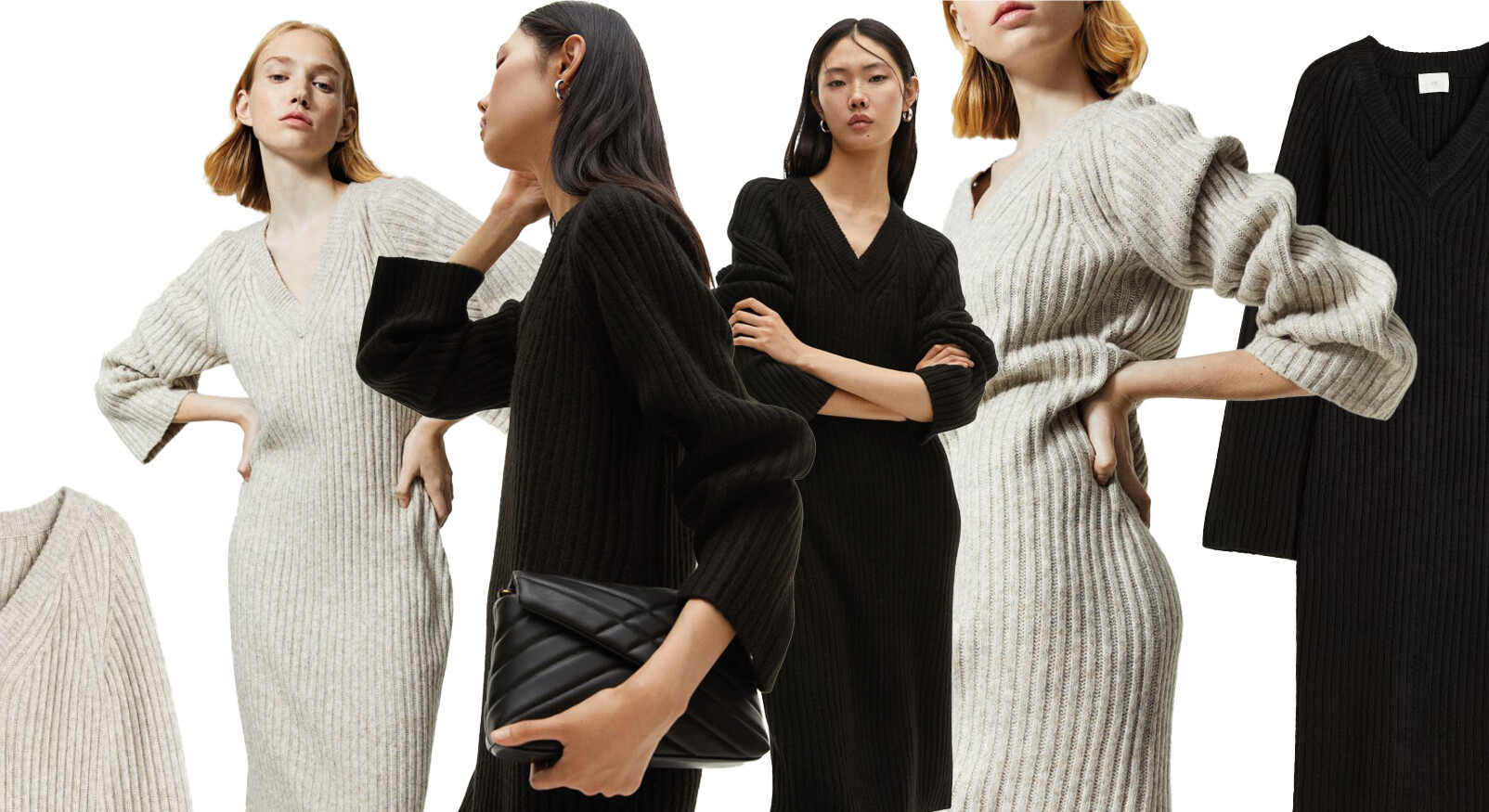 H&M gebreide winter jurk modellen zwart wit beige