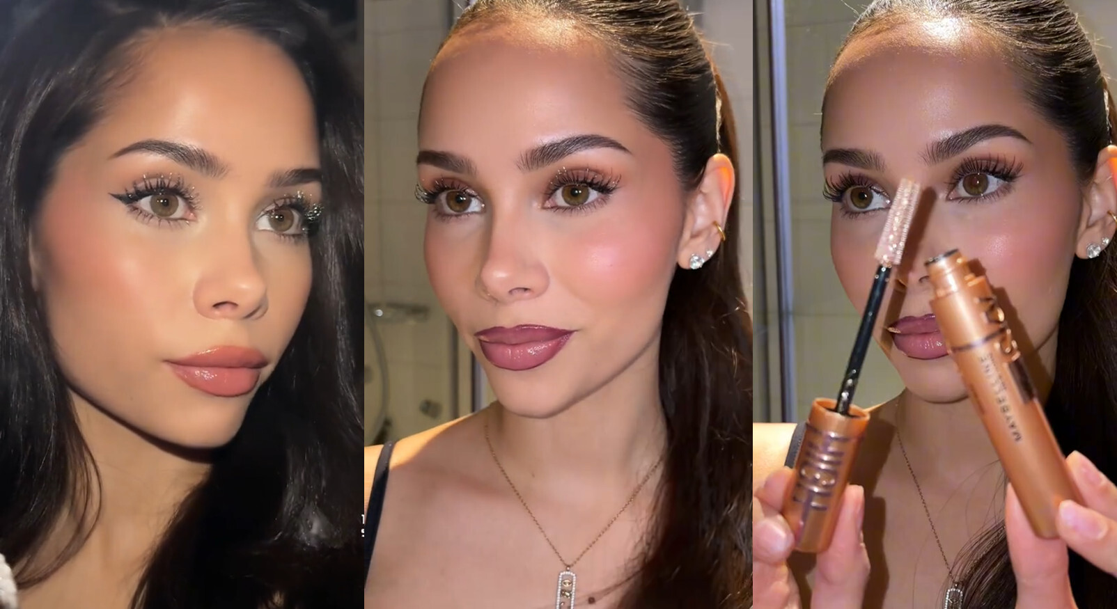 Vrouw met glitterogen brengt Maybelline Sky High mascara aan, de TikTok viral beauty trend voor de feestdagen.