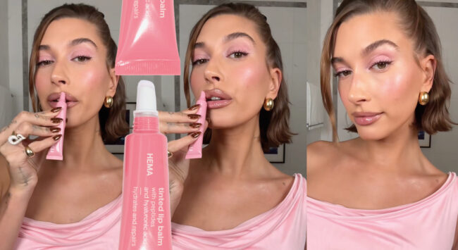 Hailey bieber met haar populaire lip tints van Rhode Beauty in het licht roze en in een licht roze jurk met Hema tube lipbalsem
