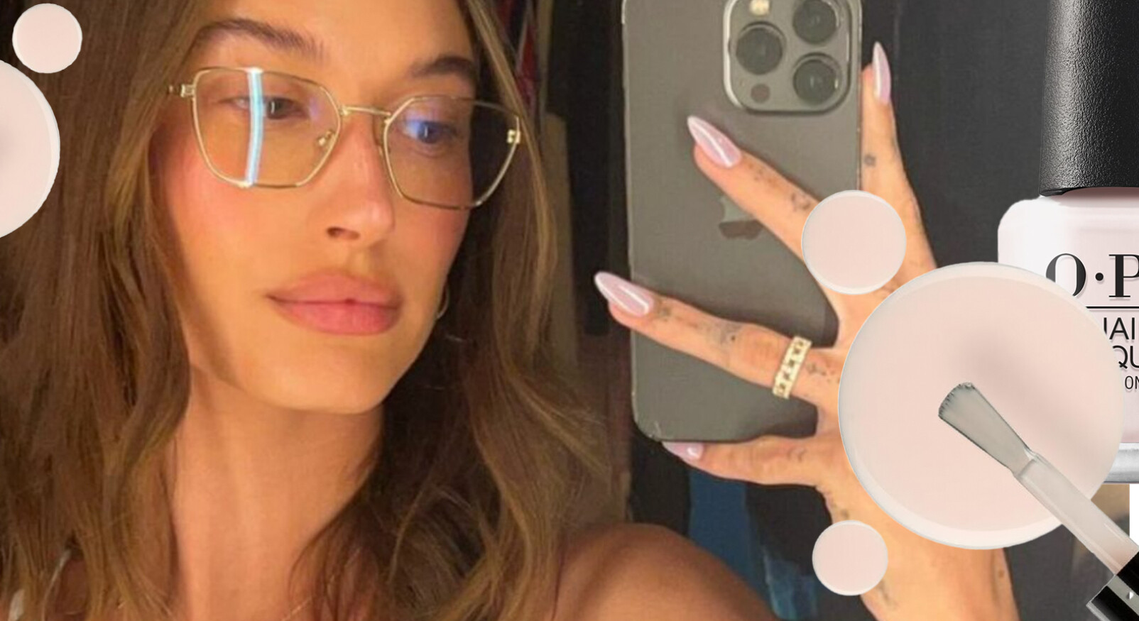 hailey bieber met bril op neemt een selfie met haar telefoon in de spiegel met nagellak kleur roze whipped cream