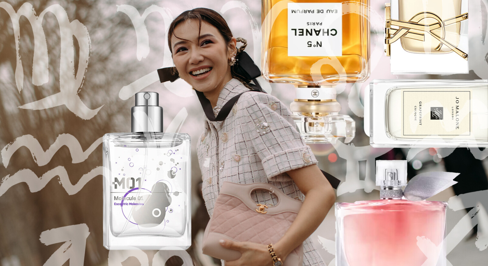 pretty woman in a light pink Chanel suit with a light pink Chanel bag and all sorts of perfume bottles around her walking down the street