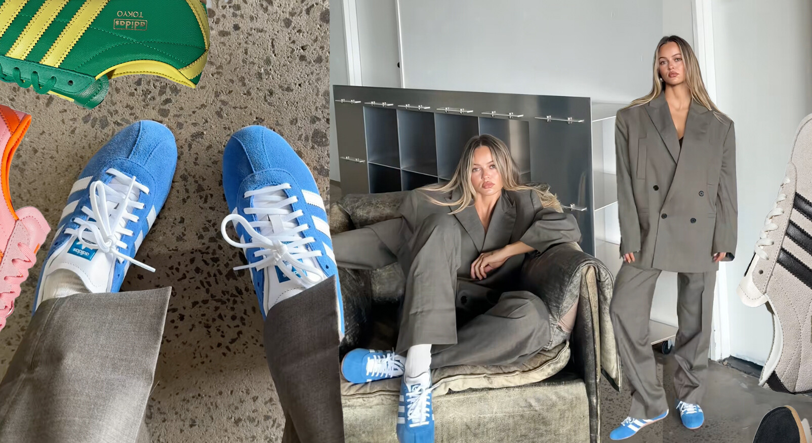 adidas trainer trend fashion fashion girls sitting in a chair, blue trainer pink and beige
