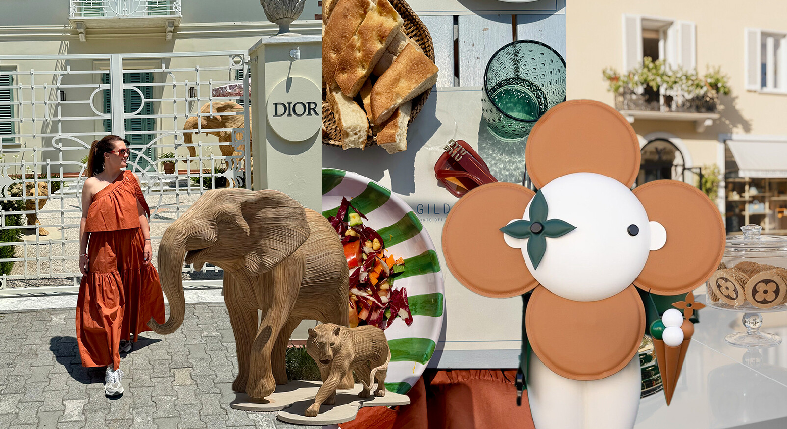 Forte dei Marmi Danielle Prada winkel, Louis vuitton ijs leeuw tijger kunst houtwerk eten diner groen bord ijs salon zonnebril miumiu danielle oranje lange jurk