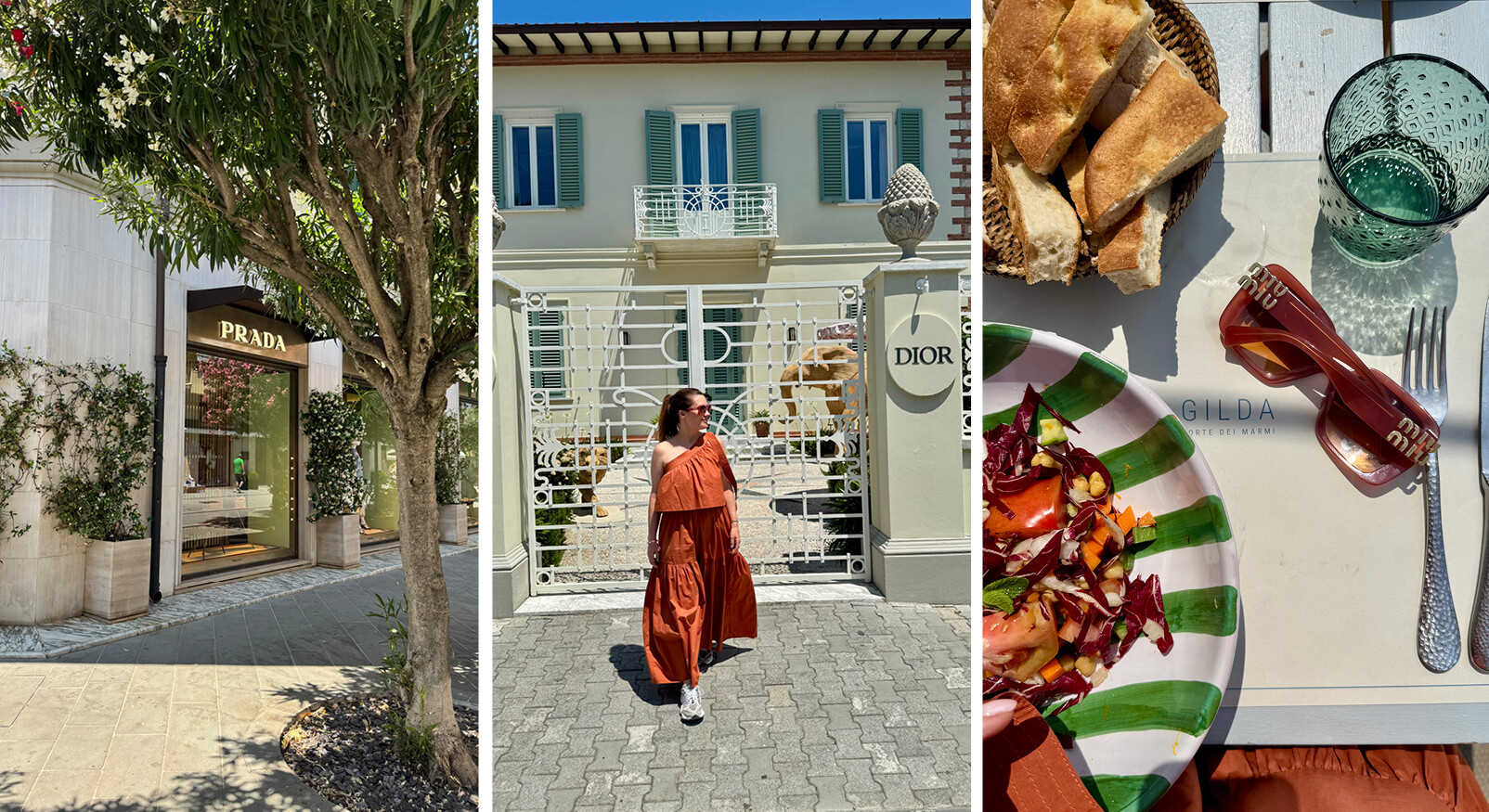 Danielle in an orange long dress with sneakers in front of the Dior store sunglasses MiuMiu food on green plate stripes Prada store Italy Forte Dei Marmi