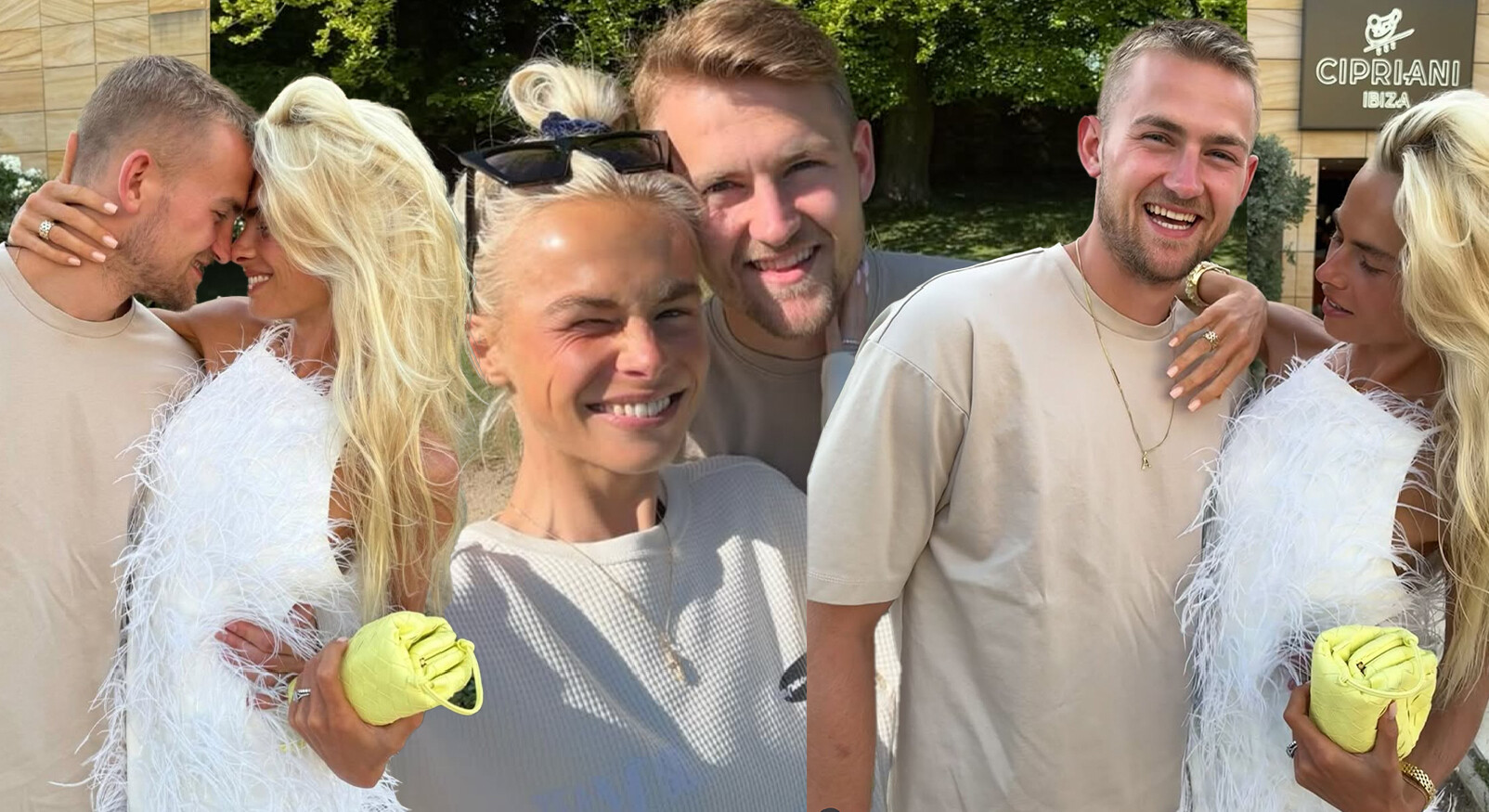 AnneKee en Matthijs de ligt samen lachend op de foto zomerse beelden, heel verliefd, zij in een witte jurk met roesjes en hij in basic t-shirt beige en knal gele Bottega tas