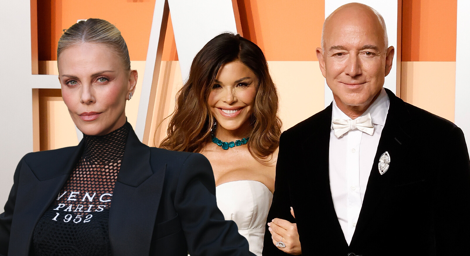 -Charlize Theron kijkt serieus naar de camera met zwart colbert, Jeff Bezos en zijn vrouw Lauren Sanchez op de rode loper lachend met jurk aan en net pak