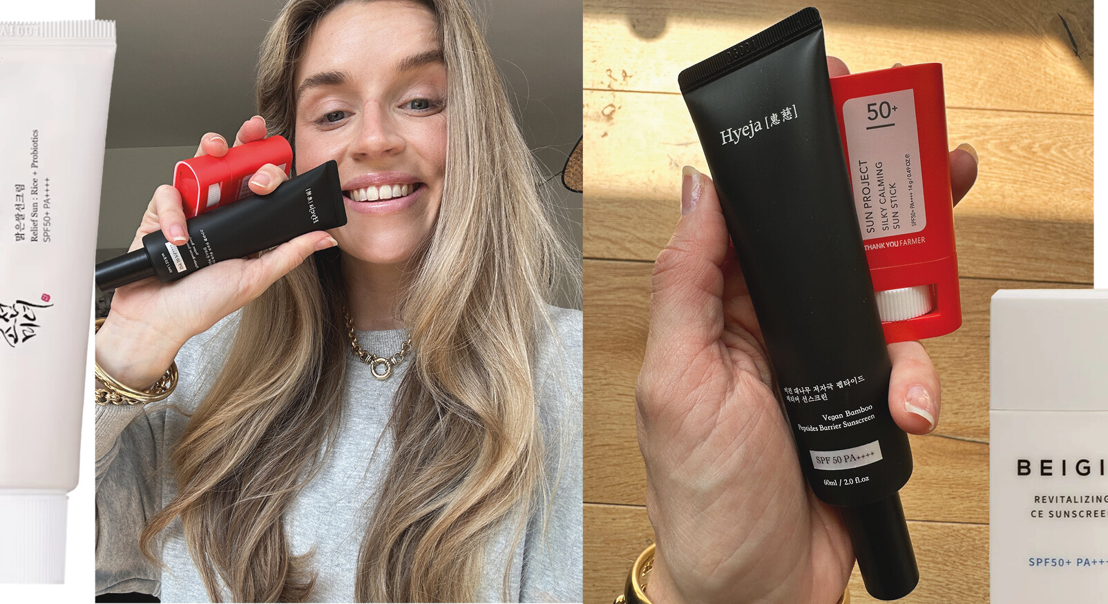 lotte van scherpenzeel lachend met SPF k-beauty in haar handen