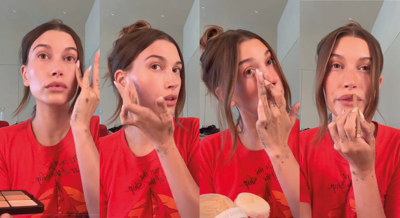 hailey bieber toasty glamlook rood tshirt make-up producten tiktok video
