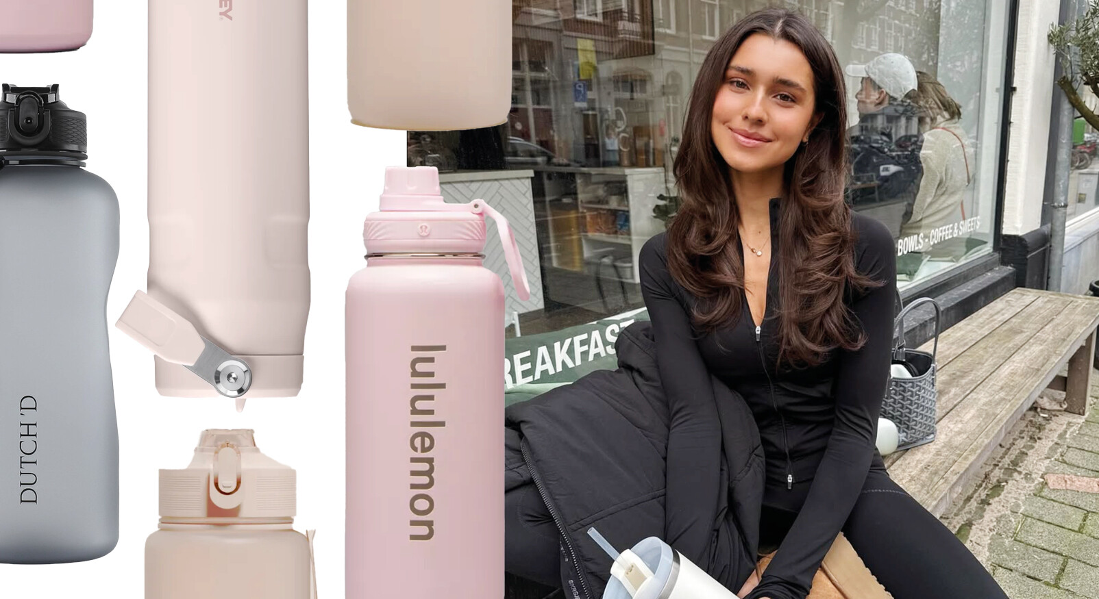 girl with brown hair laughing on a bench outside with water bottles from stanley and other brands in black and pink