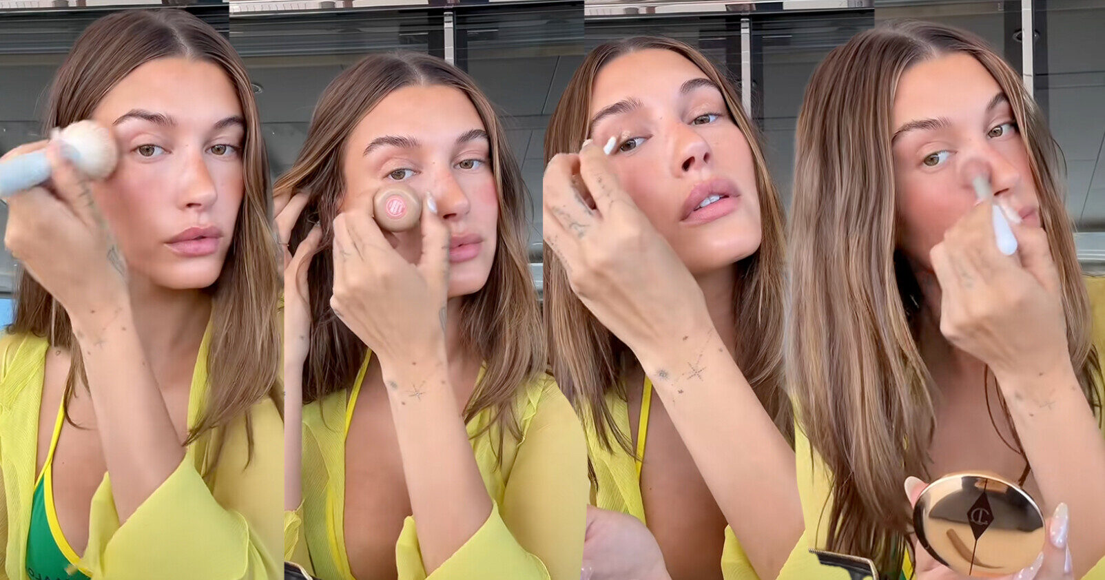 Hailey bieber make-up look video tiktok gele top zomers gekleed make-upproducten