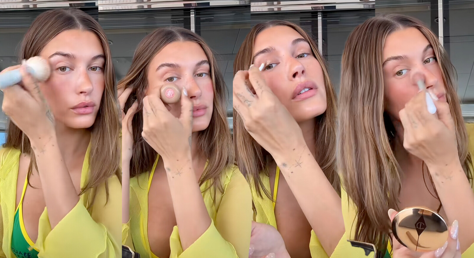 Hailey bieber make-up look video tiktok gele top zomers gekleed make-upproducten