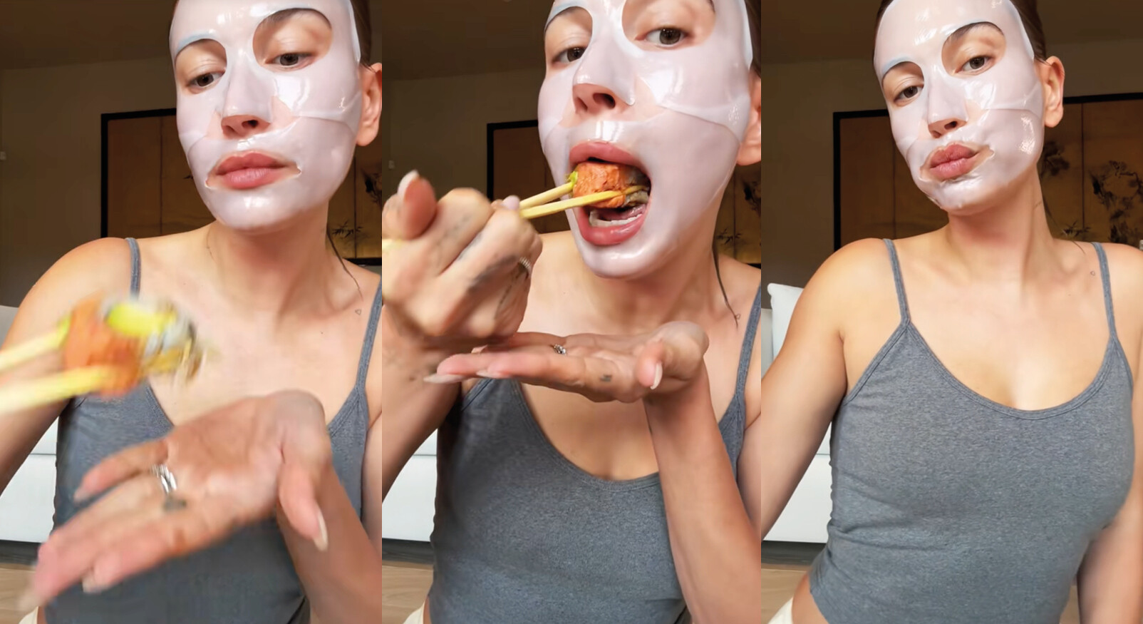 hailey bieber tiktok trend grijs topje sheetmakser wit sushi eten lachend