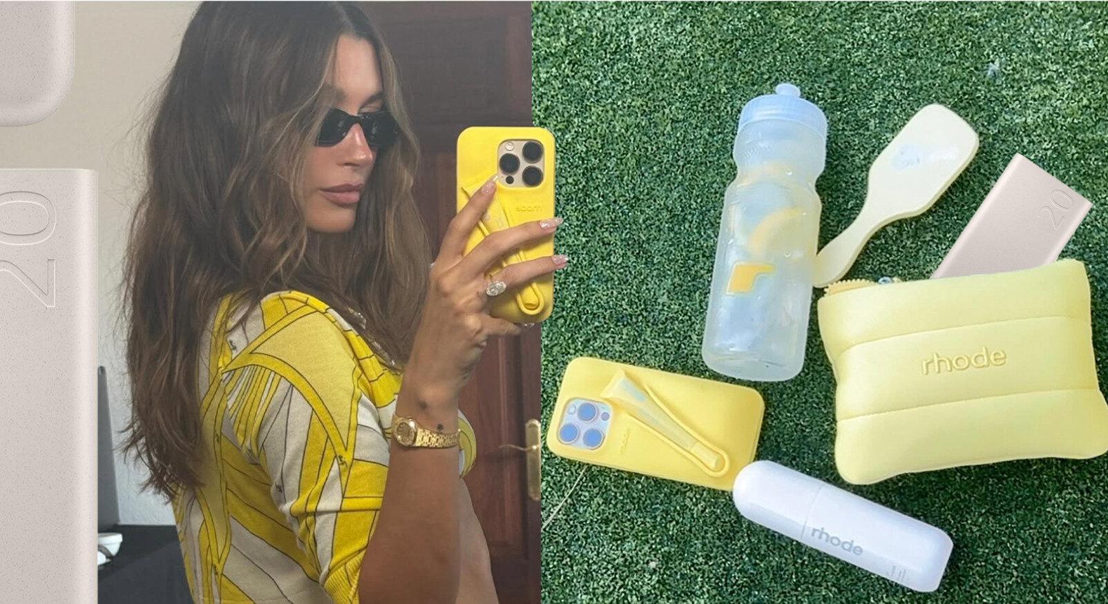 hailey bieber powerbank in het geel lachend