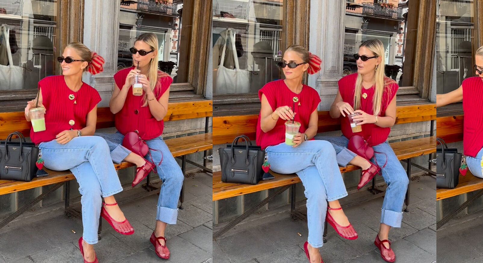 twee vriendinnen zitten buiten op een bankje matcha drinken luisteren rood gekleed beide trend kleur