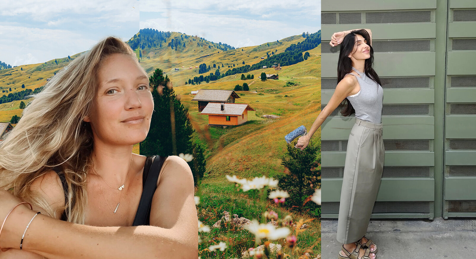 Rens kroes huttentocht natuur buiten zon italie gras bloemen anna nooshin in broek en tip met chanel tas en slippers