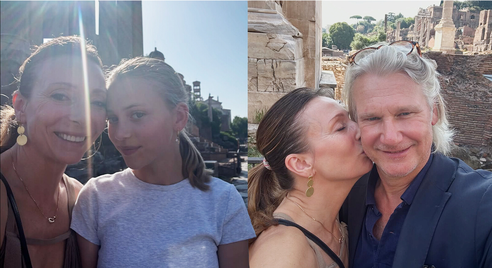 may lachend in rome samen met haar familie dochter grijs tshirt aan man in overhemd donkerblauw