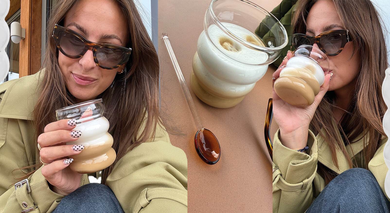 lilian lachend met zonnebril op en koffie met melkschuim in haar handen met een glazen beker van de action in een ronde vorm