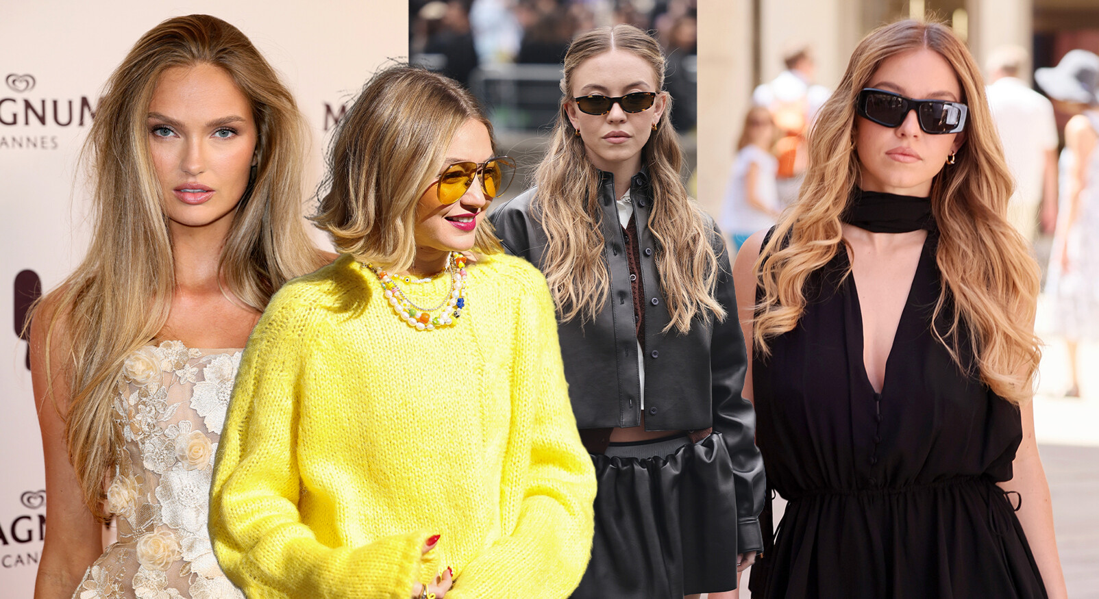 romee strijd, Gigi hadid sydney sweeney allemaal op straat in mooie kleding fashionweek haar kleur trends Butter Biscuit Blonde