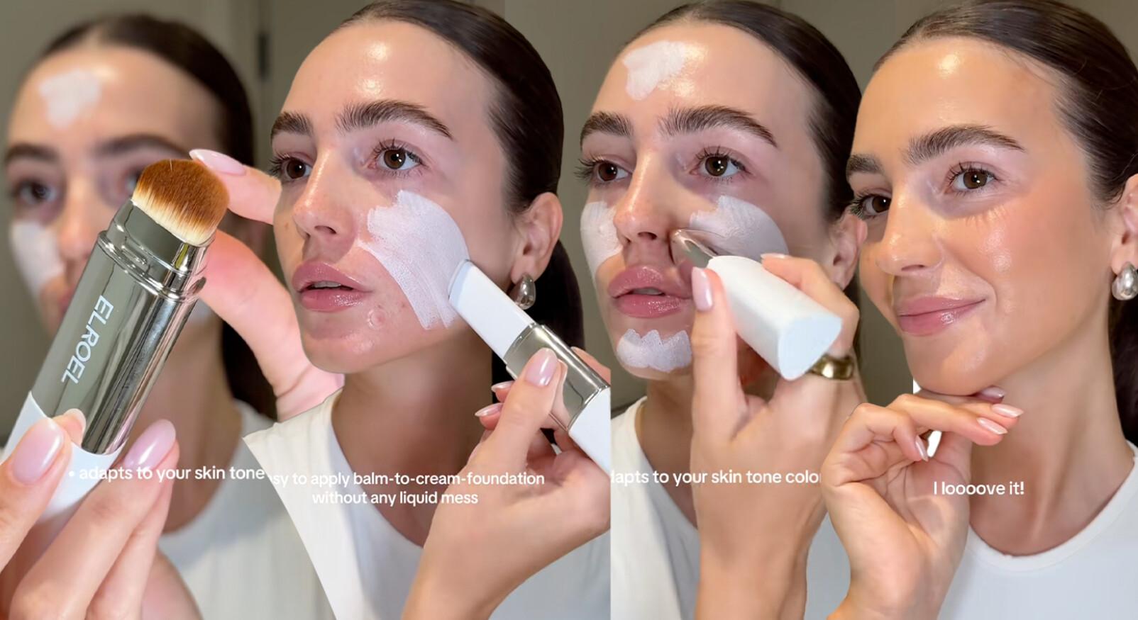 elroel stick foundation vrouw brengt de stick aan op haar gezicht, hij is wit maar door de kwast veranderd hij in de perfect kleur