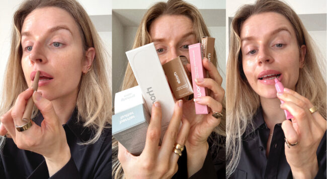 lotte van scherpenzeel lachend beauty producten van Rhode in haar handen, lip glaze, glazing mist, lip liner, naturel make-up