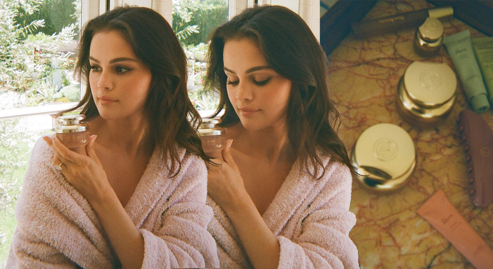 Selena Gomez met haar nieuwe Rare beauty eau de parfum fotoshoot in badjas en badkamer zachte kleuren heel romatisch en vrouwelijk beauty producten