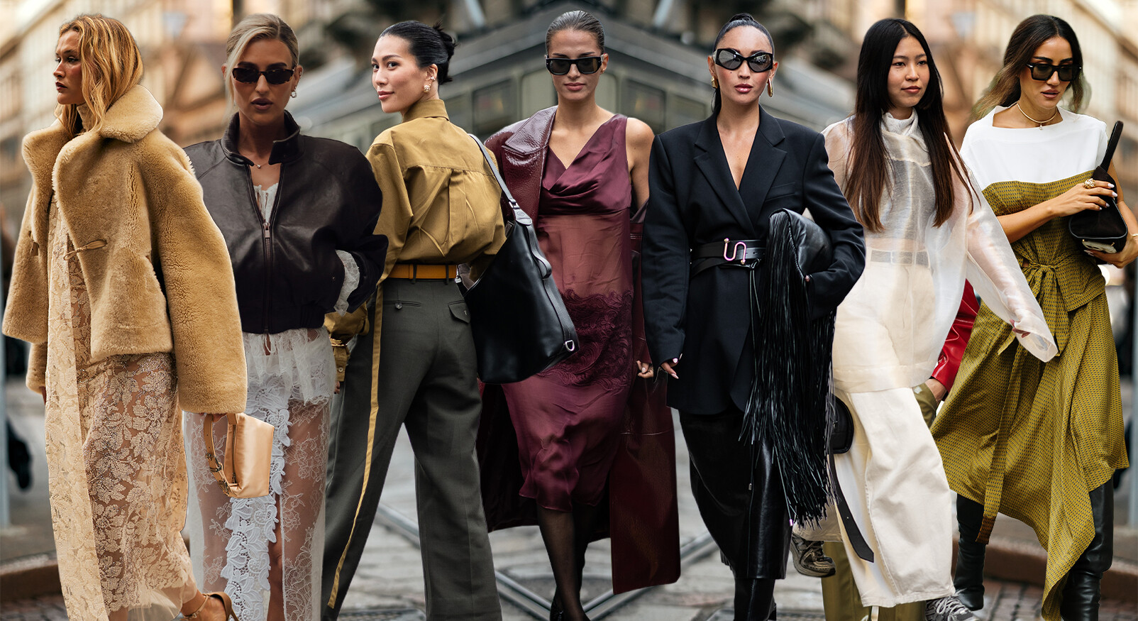 Een collage van zeven stijlvolle vrouwen die op straat poseren tijdens Fashion Week in Milaan. Ze dragen diverse opvallende modieuze outfits, variërend van een lange, beige teddyjas over kant, een bomberjack met een kanten broek, een olijfgroene set, een doorschijnende bordeauxrode jurk, een zwart pak met franjes, een witte blouse met een doorzichtige top, tot een groen-witte jurk met lange laarzen
