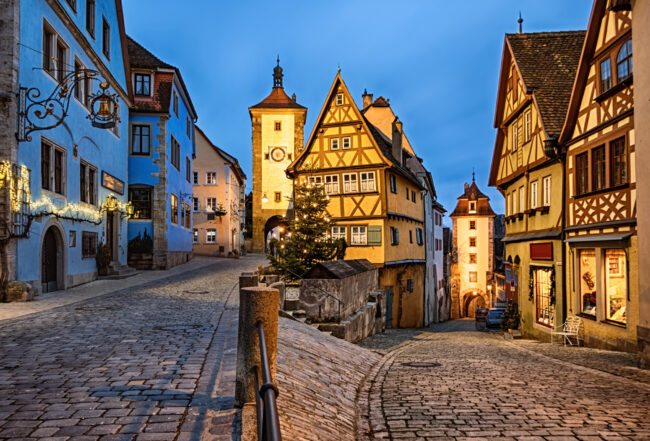 Christmas night in Rothenburg ob der Tauber old town Das Plonlein, Bavaria, Germany