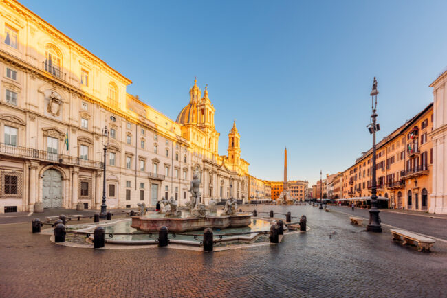 Empty Piazza Navona in the morning, wide angle view, Rome, Italy