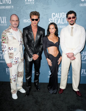 Darren Aronofsky, Austin Butler, Zoe Kravitz, Bad Bunny at the Columbia Pictures "Caught Stealing" New York Premiere held at Regal Union Square on August 26, 2025 in New York, New York. (Photo by John Nacion/Variety via Getty Images)