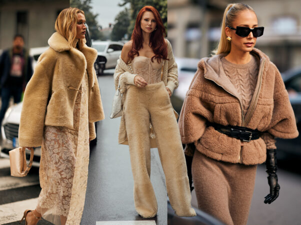 Een collage van drie vrouwen in warme, zachte outfits. Links draagt een vrouw een lange, beige teddyjas over een beige kanten jurk. In het midden draagt een roodharige vrouw een gebreid vest over een beige kanten bustier met een beige joggingbroek. Rechts draagt een vrouw een kort, beige teddyjack over een beige gebreide trui en een beige jurk, afgewerkt met een zwarte riem en handschoenen."