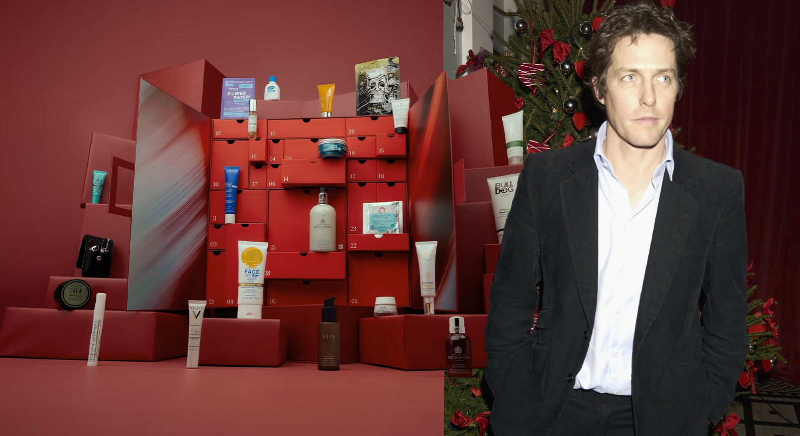 Hugh Grant next to the Lookfantastic Advent Calendar for men with grooming products