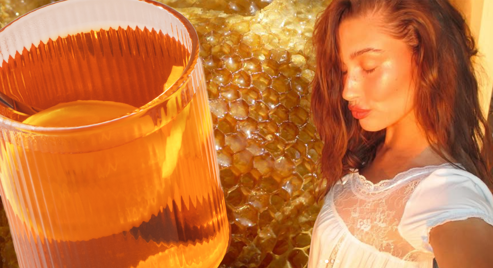 Woman with shiny skin next to honeycomb and a glass of mead