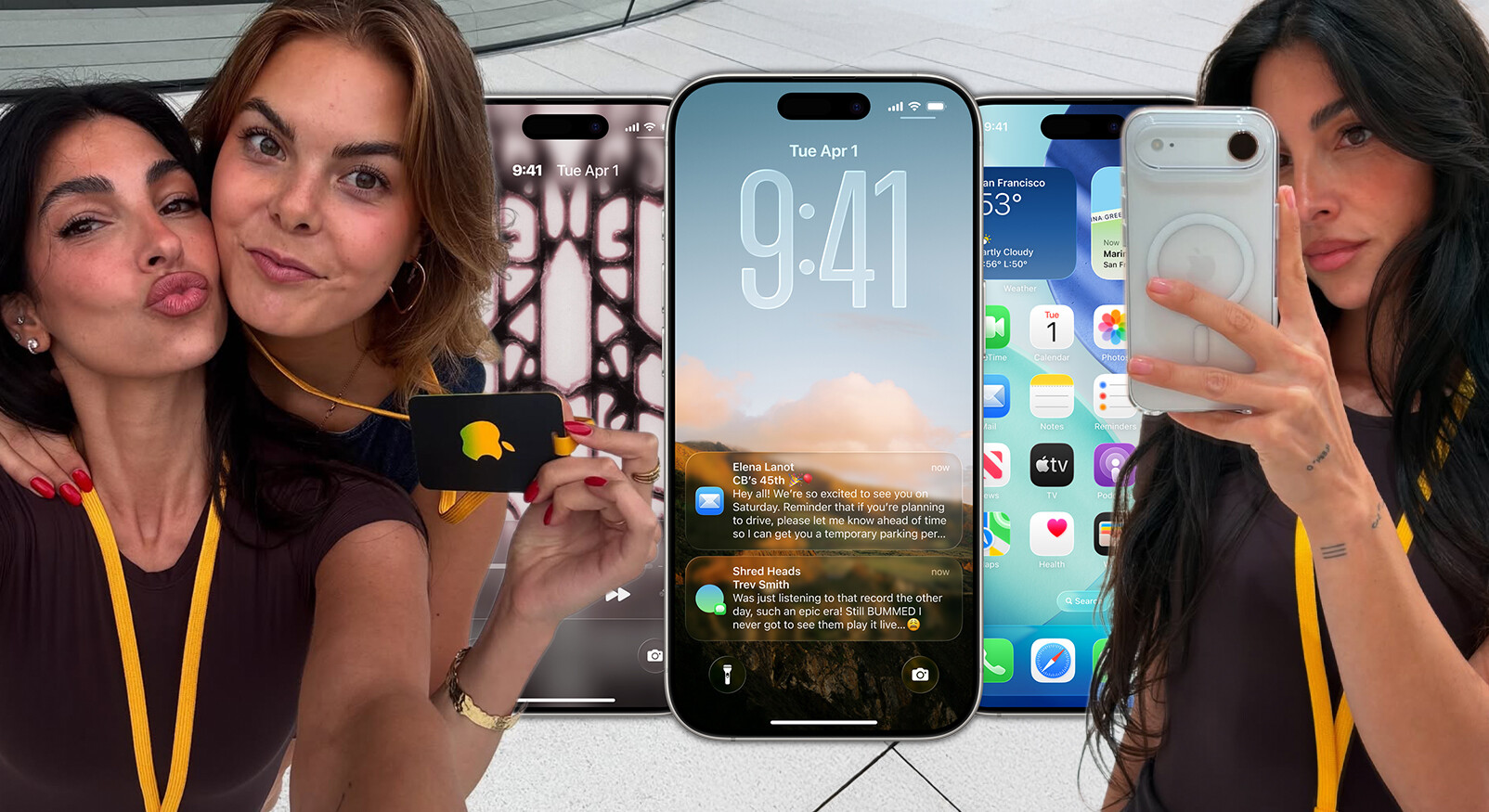 Twee vrouwen poseren met de nieuwe iPhone 17 en in de achtergrond beelden van iOS 26