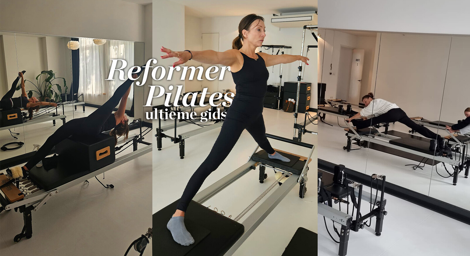 Vrouw die verschillende oefeningen reformer pilates uitvoert
