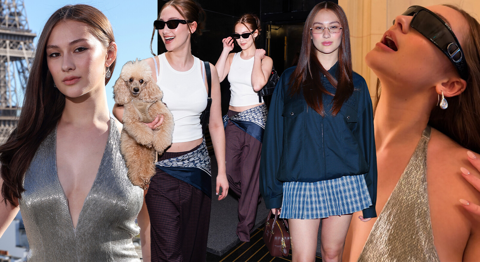 Een collage van vier portretten van actrice Lola Tung. Links draagt ze een zilverkleurige, glinsterende halterjurk met een diepe V-hals, met de Eiffeltoren op de achtergrond. Twee beelden in het midden tonen haar met een witte crop top, een lage broek met patroon, zonnebril en een poedel. Rechts staat ze in een donkerblauw jack over een geruite minirok, met bril en lang haar."