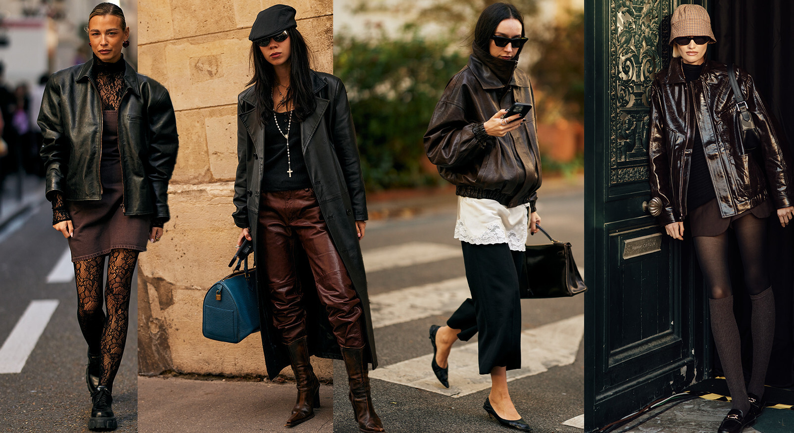 Collage van vier modellen in trendy bruine en zwarte herfstoutfits, met leren jassen, lakleer en donkere kledingstukken, die de nieuwe kleurencombinatie-trend benadrukken.