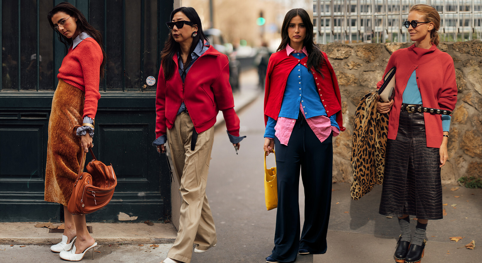 Collage van streetstyle outfits die de rood en blauw kleurencombinatie trend laten zien, met denim jeans, opvallende truien en rode accessoires.