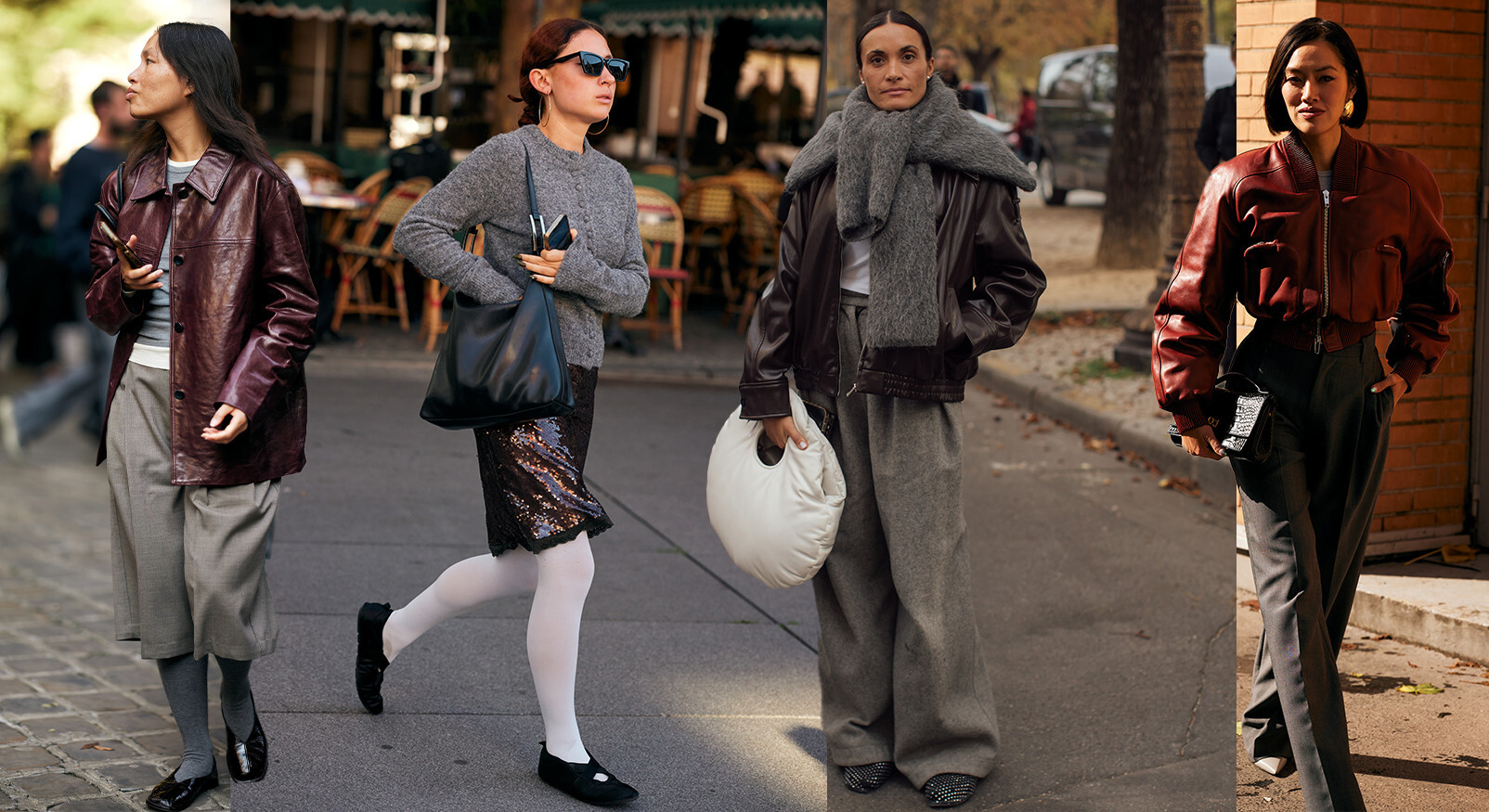 Collage van streetstyle outfits met veel grijze en bruinrode tonen, inclusief leren jacks, witte panty's en wollen sjaals, om de neutrale basis voor de rood-accenttrend te illustreren.