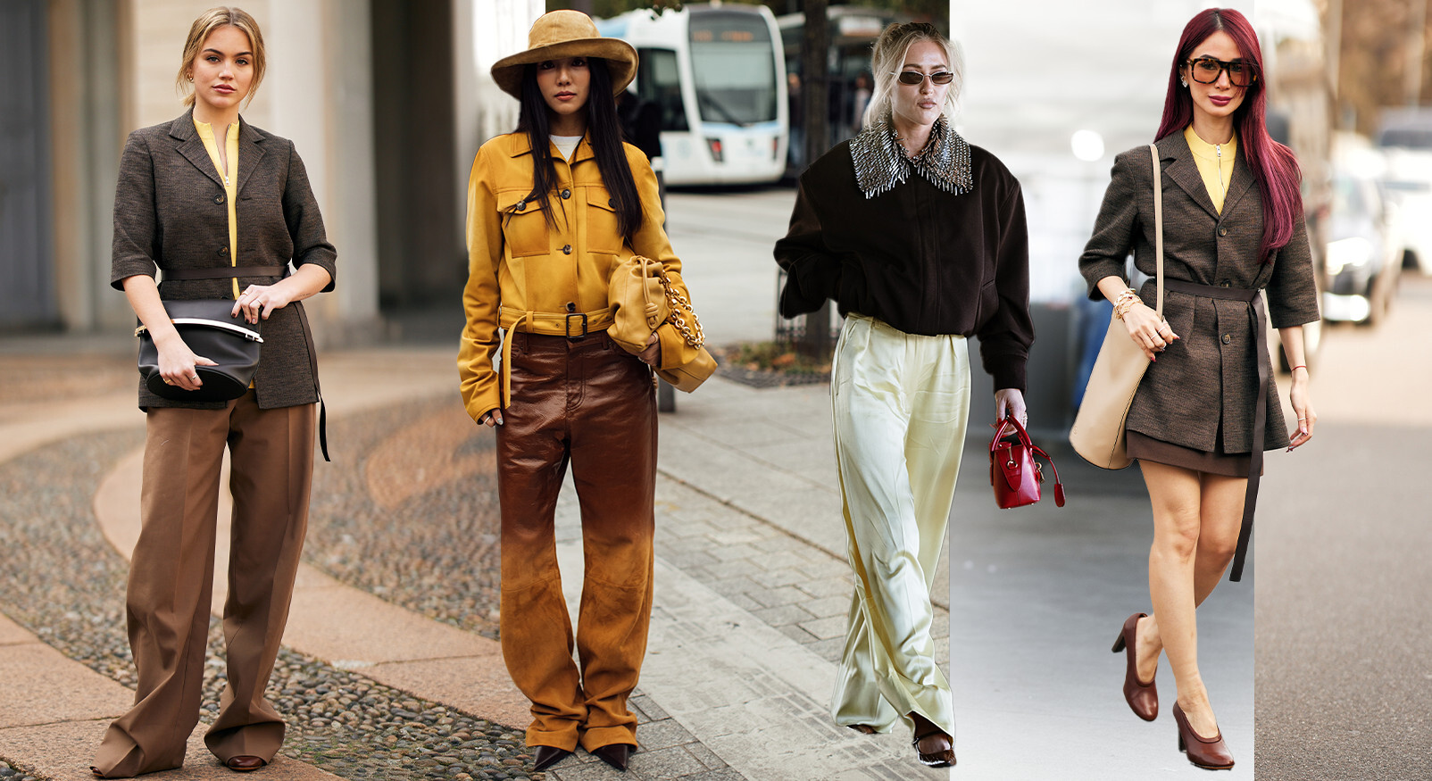 Collage van vier streetstyle looks die de bruin en geel kleurencombinatie trend laten zien, met blazers, leren jacks en opvallende gele blouses en hoeden.