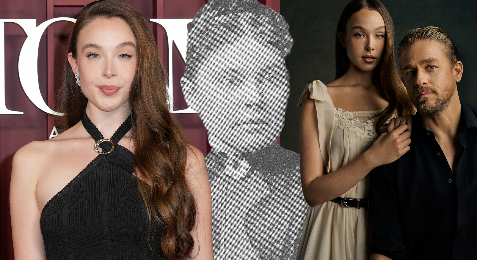 Een samengestelde afbeelding over het Netflix-seizoen van 'Monster' over Lizzie Borden. Links staat actrice Ella Beatty, met lang bruin haar en een zwarte halterjurk, op een rode loper. In het midden is een korrelige, zwart-wit afbeelding van de historische figuur Lizzie Borden te zien. Rechts staat Ella Beatty (als Lizzie Borden, in een lichte, ouderwetse jurk) naast acteur Charlie Hunnam (die Andrew Borden, de vader, speelt). De afbeelding verwijst naar het vierde seizoen van de anthologieserie, dat zich richt op Lizzie Borden, die werd beschuldigd van de moorden op haar vader en stiefmoeder.