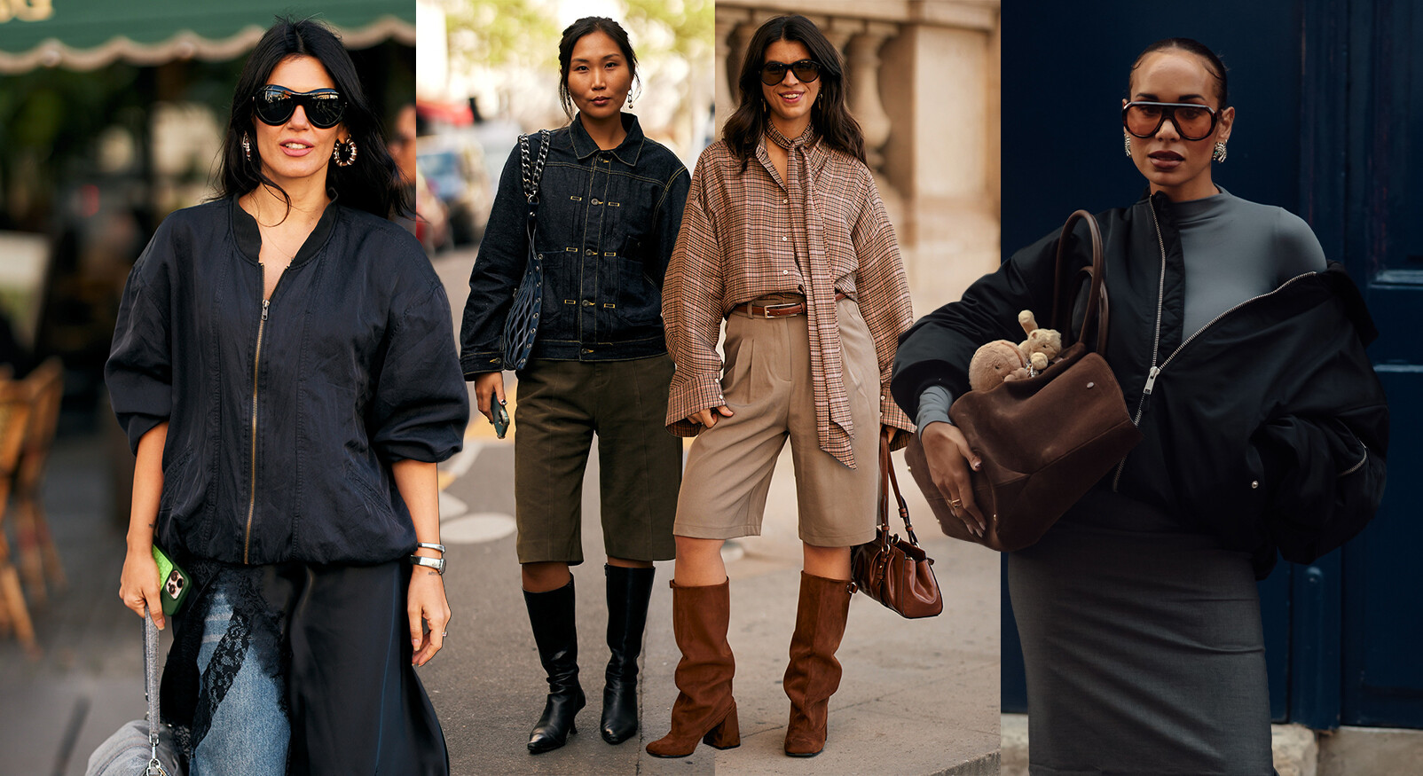 Hier is een passende alt-tekst voor de afbeelding: "Een mode-collage van vier verschillende vrouwen in stijlvolle herfstoutfits, die de trend laten zien van lange kledingstukken en knielange shorts of rokken gecombineerd met laarzen. Van links naar rechts: een vrouw in een zwarte bomberjas over een lange rok; twee vrouwen in denim jacks, shorts en hoge laarzen; en een vrouw in een nauwsluitend grijs topje en rok, gecombineerd met een zwarte oversized jas en een bruine handtas."