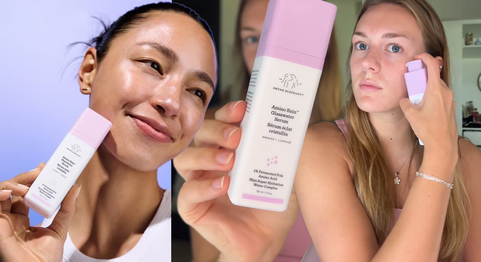 Hier is de alt-tekst voor de afbeelding: Een collage van drie scènes die het Drunk Elephant Amino-Rein$^{\circledR}$ Glasswater Serum promoten, met het product in een witte fles met een lichtroze dop.