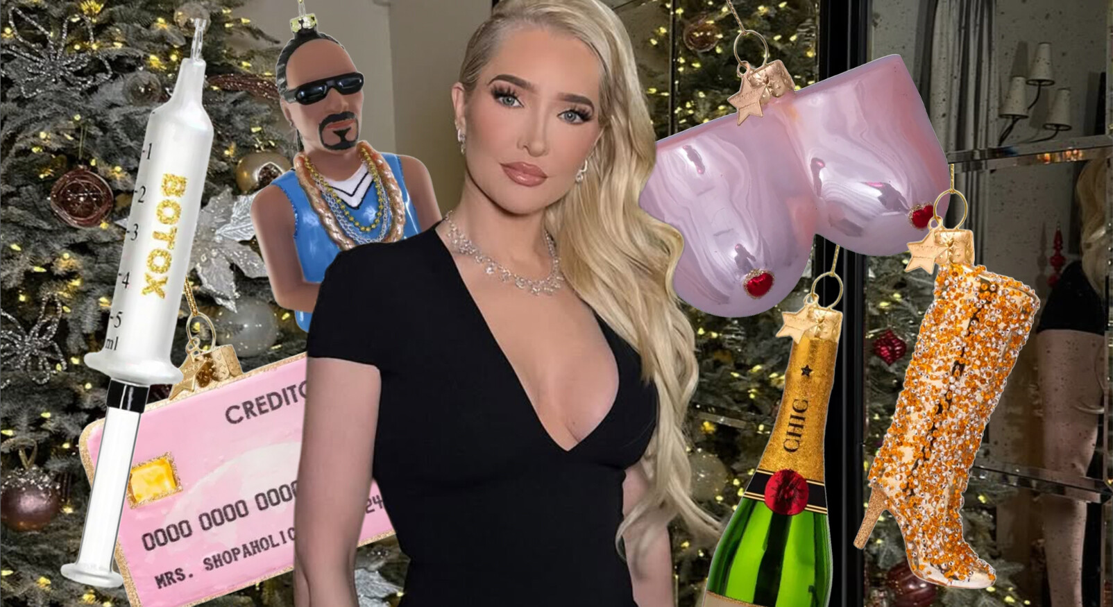 Natuurlijk! Hier is een alt-tekst voor de afbeelding: Een collage met een foto van de blonde vrouw Erika Jayne in een zwarte, laag uitgesneden jurk, geplaatst voor een kerstboom. De collage bevat verschillende overdreven en glinsterende kerstornamenten die verwijzen naar een luxe levensstijl en popcultuur. De ornamenten zijn: een spuit met de tekst 'BOTOX', een roze creditcard met 'CREDITOR' erop, een figuurtje van Snoop Dogg, een paar glanzende roze borsten met tepelringen in de vorm van hartjes, een fles champagne met 'CHIC', en een glinsterende, hoge laars.