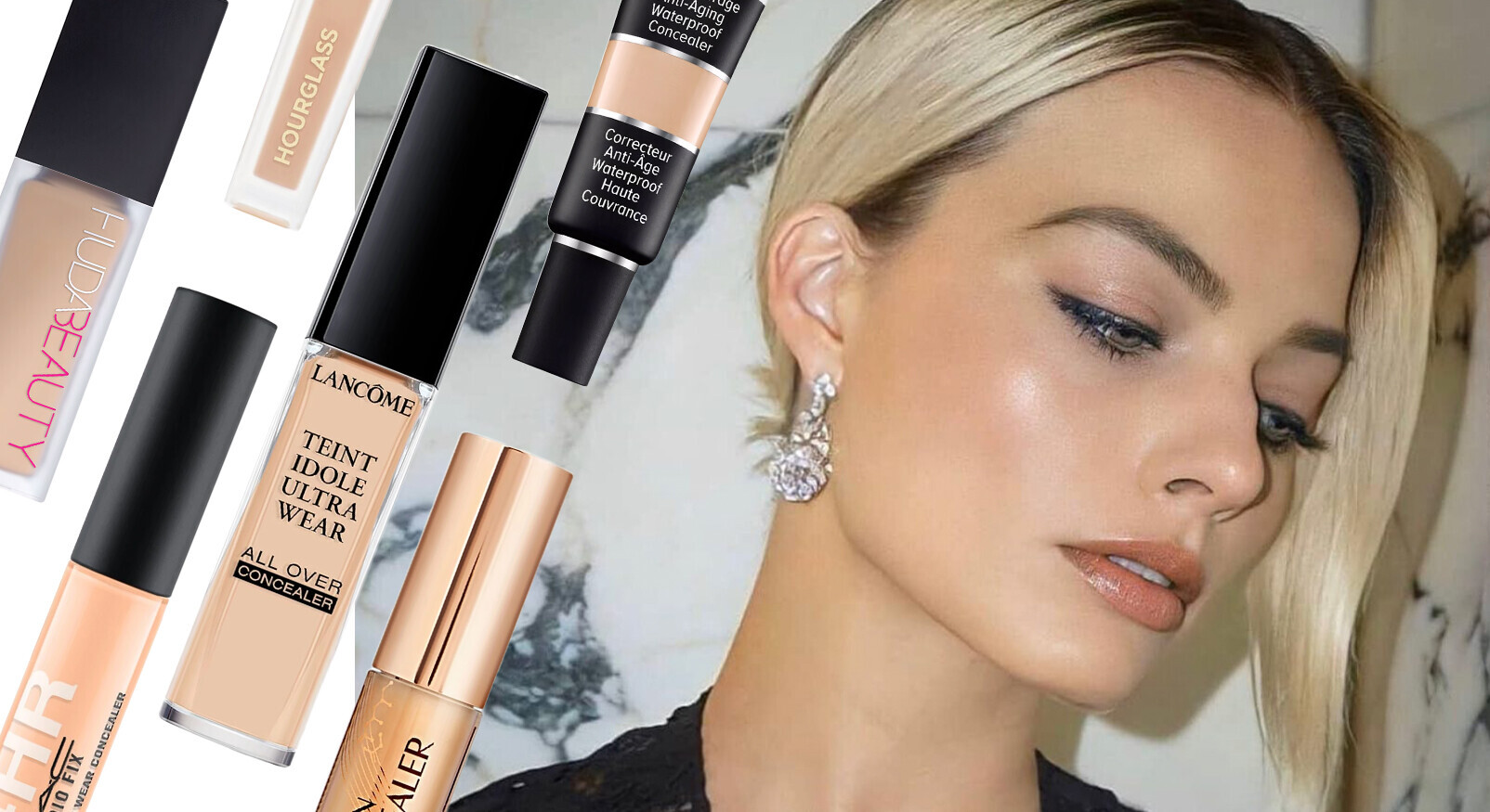 Margot Robbie met een perfecte make-up look, omringd door verschillende merken concealer en foundation, die het zoeken naar het ideale make-upproduct symboliseert.