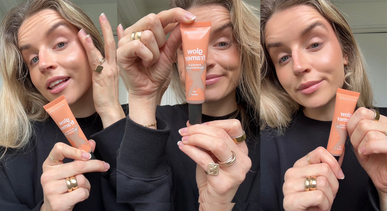 Collage van een vrouw die de Max Factor Glow Framer vasthoudt en aanbrengt, waarbij haar glowy en sunkissed huid wordt benadrukt.