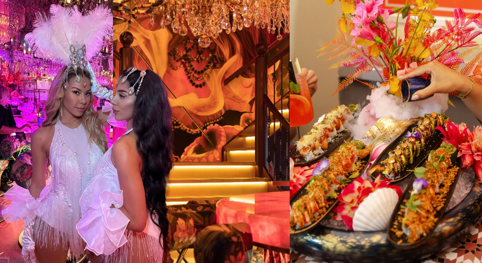 Collage of a luxurious, festive hospitality venue with dancers and a colorful presentation of sushi rolls and cocktails.