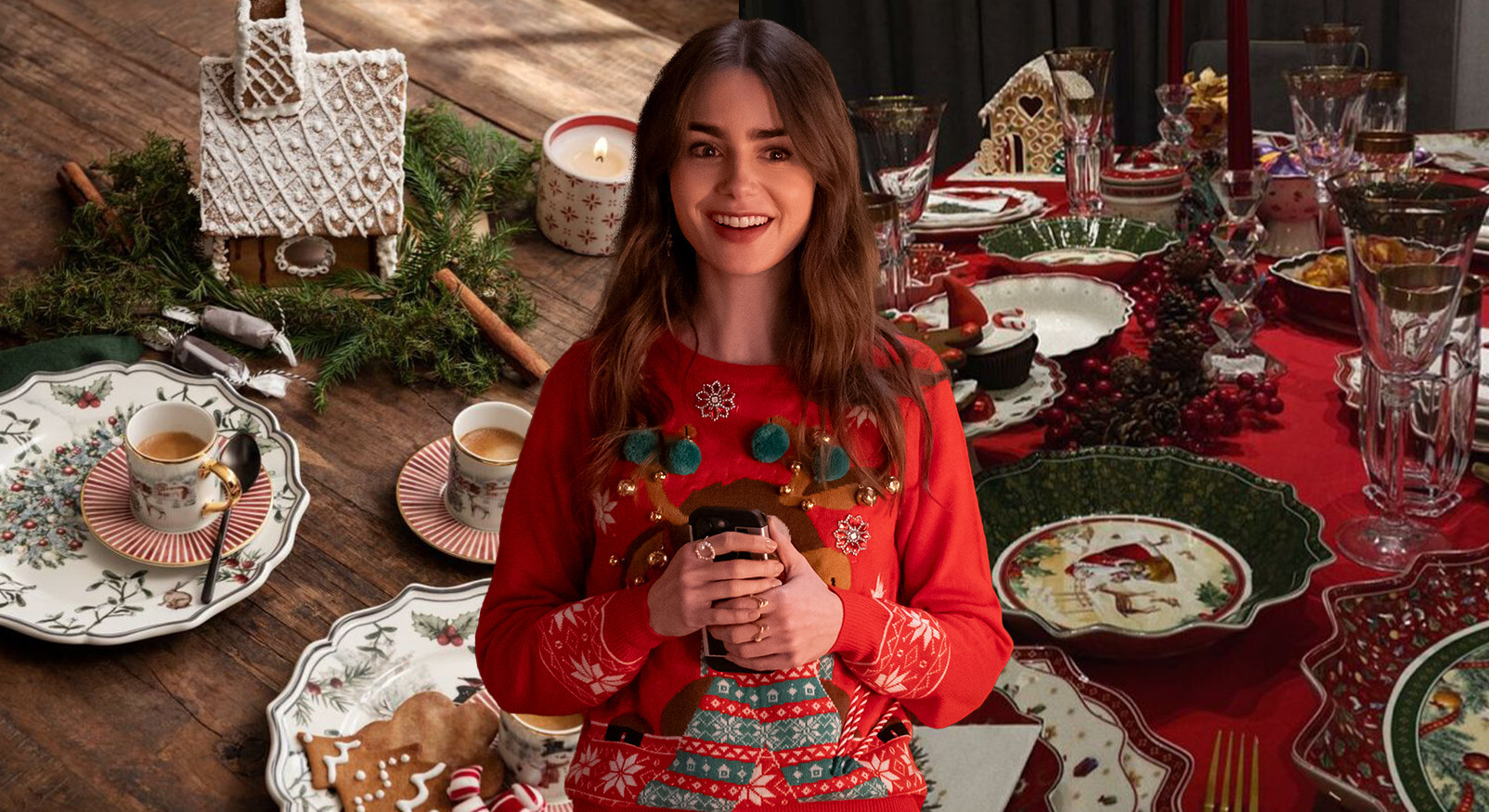 Vrouw in een kersttrui bij een prachtig gedekte kersttafel met feestelijk servies en peperkoekhuisjes.